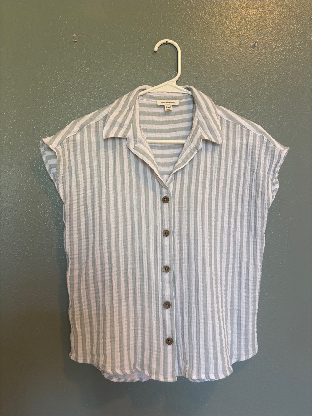 100% Cotton | Pale Green and White Striped Button-Down | Gauze Top - Picture 2 of 16